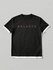 1件男士夏季圆领短袖T恤，黑色简约设计休闲仿两件套 - 黑色 - 查看 2