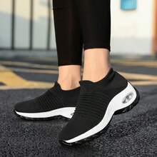 Women's All-Season Sports Anti-Slip Shock-Absorbing Running Casual Shoes, Knitted Mary Jane, Plus Size, Suitable For Business Driving - Black and White - View 7