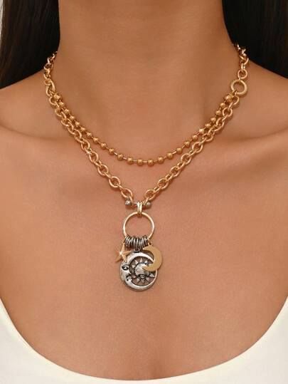 1 chiếc vòng cổ mặt dây chuyền hình Mặt Trời, Mặt Trăng và Sao theo phong cách Bohemian cổ điển, thiết kế hai lớp lãng mạn và huyền ảo, đa năng cho đeo hàng ngày, đi làm, lễ hội âm nhạc, du lịch.