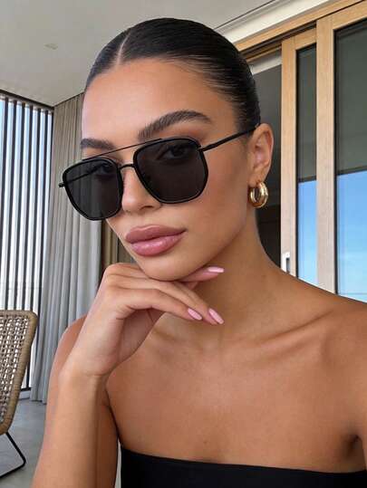 1pc Women's Fashion Oversized Pilot Frame Fashion Glasses, Retro Metal Frame, Suitable For Outdoor Travel, Driving, Beach Accessories