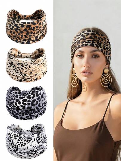 1/2/4条装 时尚豹纹宽版女士户外运动发圈，高弹舒适瑜伽运动头带，日常装饰发带