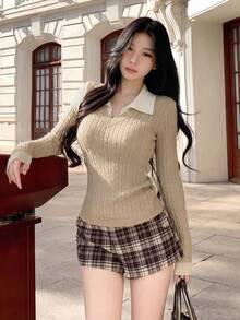Autumn/Winter Sweet & Sexy Dark Color Contrast Rib Knit V-Neck Fitted Long Sleeve Women Sweater, Suitable For Christmas, New Year, Outings, Commuting, Dates - Khaki - View 4