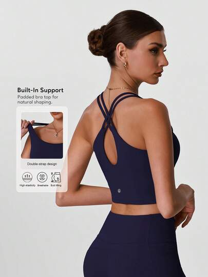 Sodalemon Women's Fitness Yoga Tank Top, Solid Color Criss-Cross Backless Hollow Out Outdoor Fitness Training Activewear Sports Bra