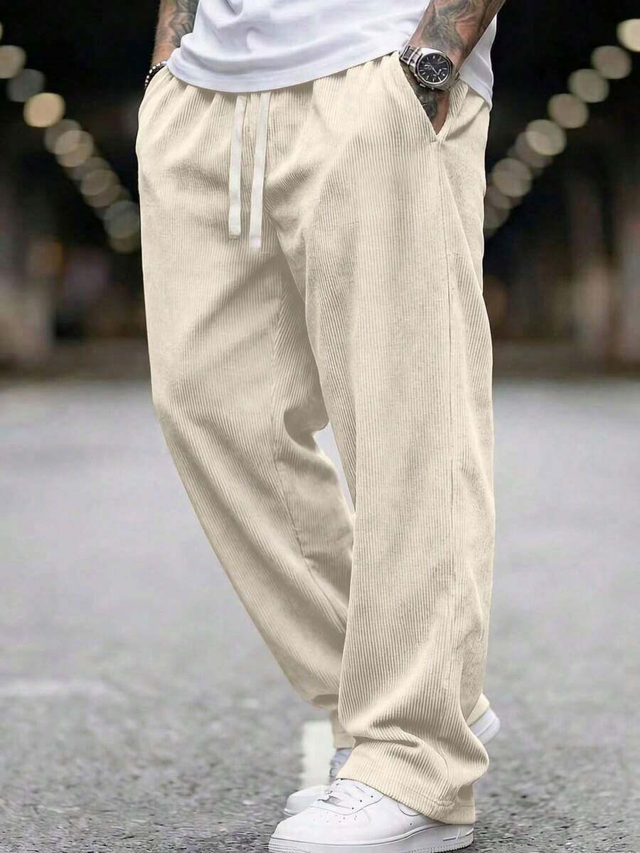 1pc Men's Corduroy Drawstring Waist Wide Leg Casual Sports Pants, Suitable Outdoor Activities - 黑色 - 查看 1