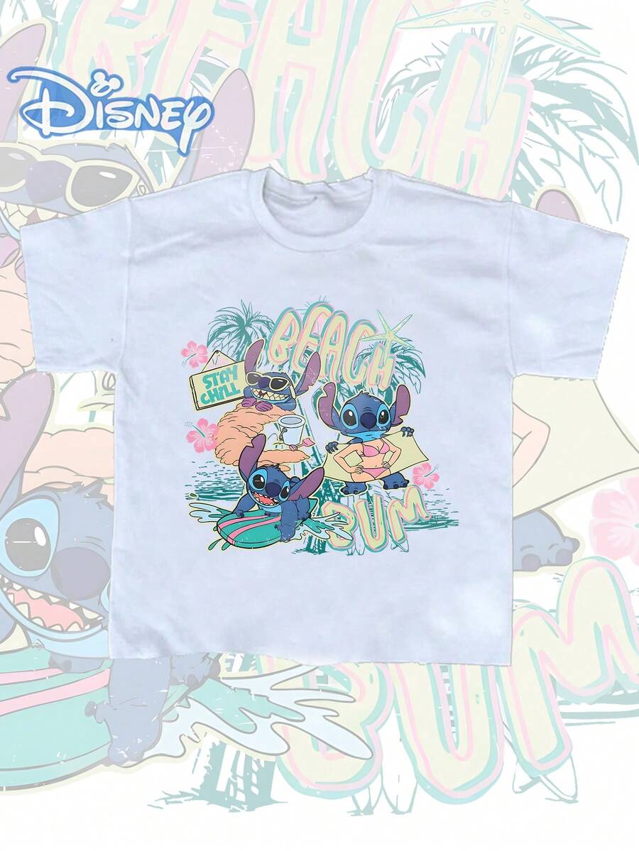This Disney *Lilo & Stitch* Men's Summer T-Shirt Features Playful Cartoon Graphics, A Vintage-Style Distressed Finish, And A Seamless, One-Piece Cut. Crafted From Pure Cotton Fabric, It Offers An Exceptionally Comfortable Feel And Excellent Breathability. The Design Cleverly Blends Outdoor And Streetwear Aesthetics, Complete With A Classic Crew Neck. As A High-Quality Piece From A Stylish Brand, It Makes An Ideal Gift For Friends And Family-Sure To Bring The Recipient A Delightful Surprise And Joy. - 白色 - 查看 1