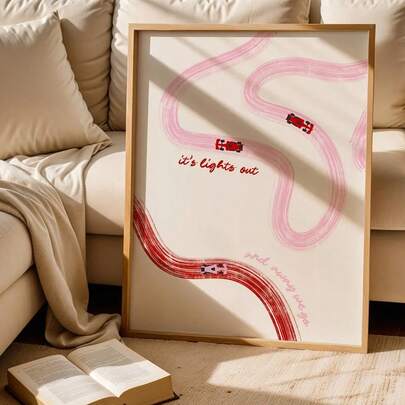 1幅粉红和红色赛道主题墙画，米色中性励志语录海报，赛车海报，赛车爱好者励志艺术品，简约家居装饰，无框