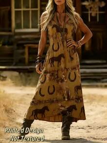Horseshoe Horse All-Over Print Women's V-Neck Sleeveless Maxi Dress, Polyester Fiber Fabric, Lightweight And Breathable, Women's Clothing, Regular Women's Clothing, Women's Dress, Women's Long Dress - Nhiều màu - Xem 3