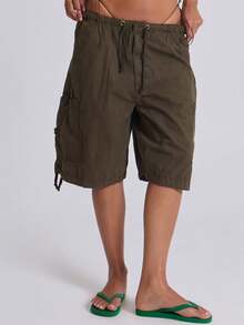 Women Y2K Baggy Bermuda Shorts Low Waisted Wide Leg Cargo Shorts Athletic Knee Length Shorts With Pockets Summer Casual Going Out Outfits - 軍綠色 - 查看 4