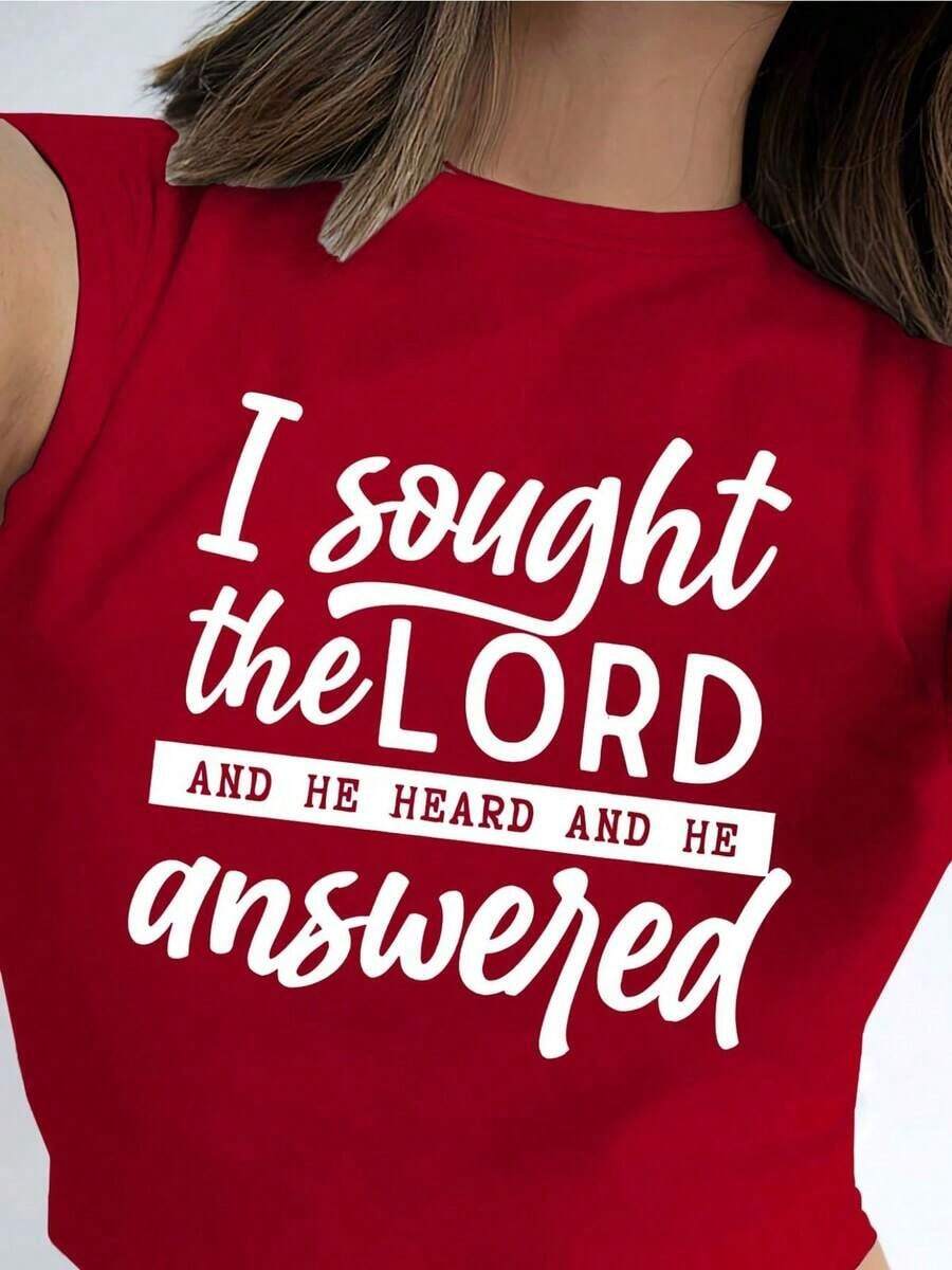 Graphic TeesWomen's Plus Size 100% Cotton Short Sleeve Crew Neck T-Shirt - With "I Sought The Lord And He Heard And He Answered" Faith Graphic (White Font Design), Soft Breathable Casual Top Suitable For Daily Leisure & Faith-Inspired Gatherings100% CottonWomen's Casual Cotton Tee Mother's Day Gift - 紅色 - 查看 1