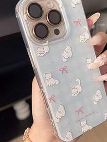 1 chiếc ốp lưng điện thoại hình mèo trắng dễ thương màu xanh nhạt kẻ caro, tương thích với dòng 11 12 13 14 15 16 17 Pro Max. - Lưới màu xanh - Xem 5