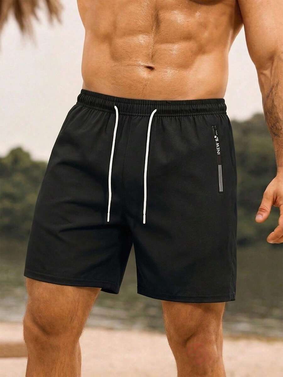1pc Men's Black Lightweight Breathable Shorts, Men's Beach Shorts With Side Pockets, Letter Print, Drawstring Waist, Casual Vacation Style, Machine Washable, Soft Skin-Friendly Fabric, Summer Daily Beach Wear - Black - View 1