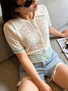 Women's Collegiate Striped Contrast Color Knit Fabric Button-Up Short Sleeve Cardigan, Suitable For Spring And Summer White - White - View 3