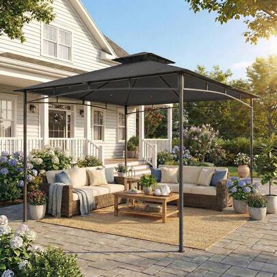 Outsunny 10' X 10' Gazebo, Soft Top Outdoor Gazebo With 2-Tier Roof, Metal Frame, Adjustable Roof Struts, Sun Shade Shelter For Backyard, Patio, Party Event, Dark Grey