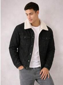 MEN'S DENIM JACKET WITH WARM - 黑色 - 查看 2