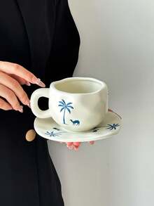 1 pieza Camello y Palmera - Taza de café y platillo de cerámica "Barco del Desierto", taza de café de cerámica hecha a mano con estilo minimalista Ins, taza de cerámica de alta calidad, cerámica - Apta para leche, café, té de la tarde de las damas, regalo - Multicolor - Ver 8
