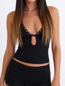 Womens Solid Halter Tank Tops Adjustable Tie Neck Front Cutout Slim Fit Vest With Round Stud Detail - Black - View 3
