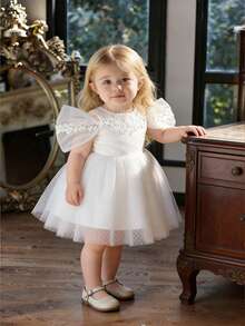 Baby Girls 0-2 Years Old Bow Decor Mini Dress, White Christening Gown Suitable For Party - White - View 1