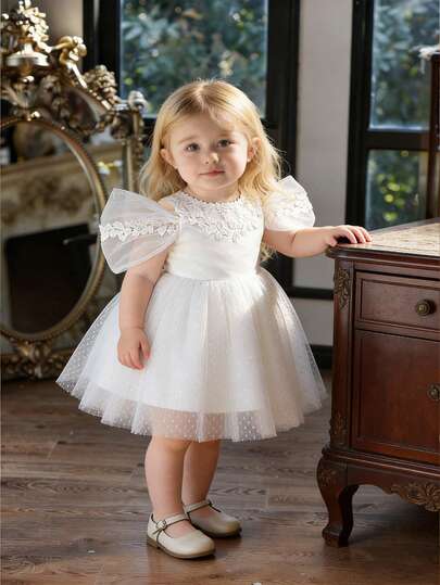 Baby Girls 0-2 Years Old Bow Decor Mini Dress, White Christening Gown Suitable For Party