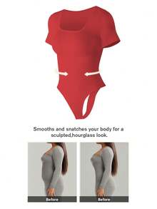 1pc Women's Solid Color Shapewear Jumpsuit, Tummy Control Slimming Jumpsuit, Waist Shaping Jumpsuit - Red - View 10