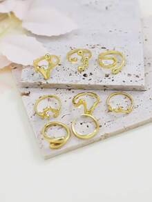 Set de 8 anillos de metal liso asimétrico vintage, anillos geométricos para uso diario - Amarillo Oro - Ver 2