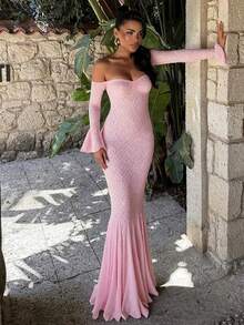 [Spring/Summer Style] Best-Selling New Arrivals Women's Solid Color Lace Long Sleeve Dress, Chic Elegant Off Shoulder Dress Party Club Dating Formal Wear, Ladies Spring & Fall Clothes Womenswear - Hồng - Xem 10