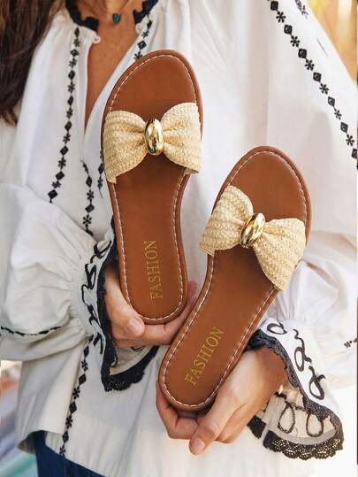 planare New Women's Fashionable Summer Minimalist Woven Fabric Brown & Beige Flat Slide Sandals, Slip-On Round Toe, Suitable For Daily, Vacation, And Casual Occasions