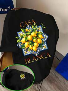 1 pièce T-shirt homme avec imprimé citron "CASA", style de rue décontracté, chemise à manches courtes confortable en pur coton, t-shirt imprimé à la mode, vêtement de sport décontracté, t-shirt d'été, un cadeau pour les hommes, coupe ample et décontractée. - Noir - Voir 6