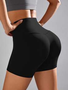 NcmRyu 1pc Women High Waist Adjustable Zipper Solid Color Elastic Waist Sports Shorts - Black - View 3