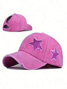 1pc Ladies' Embroidered 5-Pointed Star Washed Ponytail Distressed Baseball Cap, Sun Protection Leisure Hat Suitable For Spring/Autumn Travel, Beach Holidays, Men's Sun Hat, Y2K Style Youth Hat - Embroidery - View 9