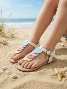 Kids 2026 New Summer Sandals For Girls, Rainbow Heart Decor Flat Sandals With Crystal Buckle, Non-Slip Soft Sole Beach Shoes - Multicolor - View 5