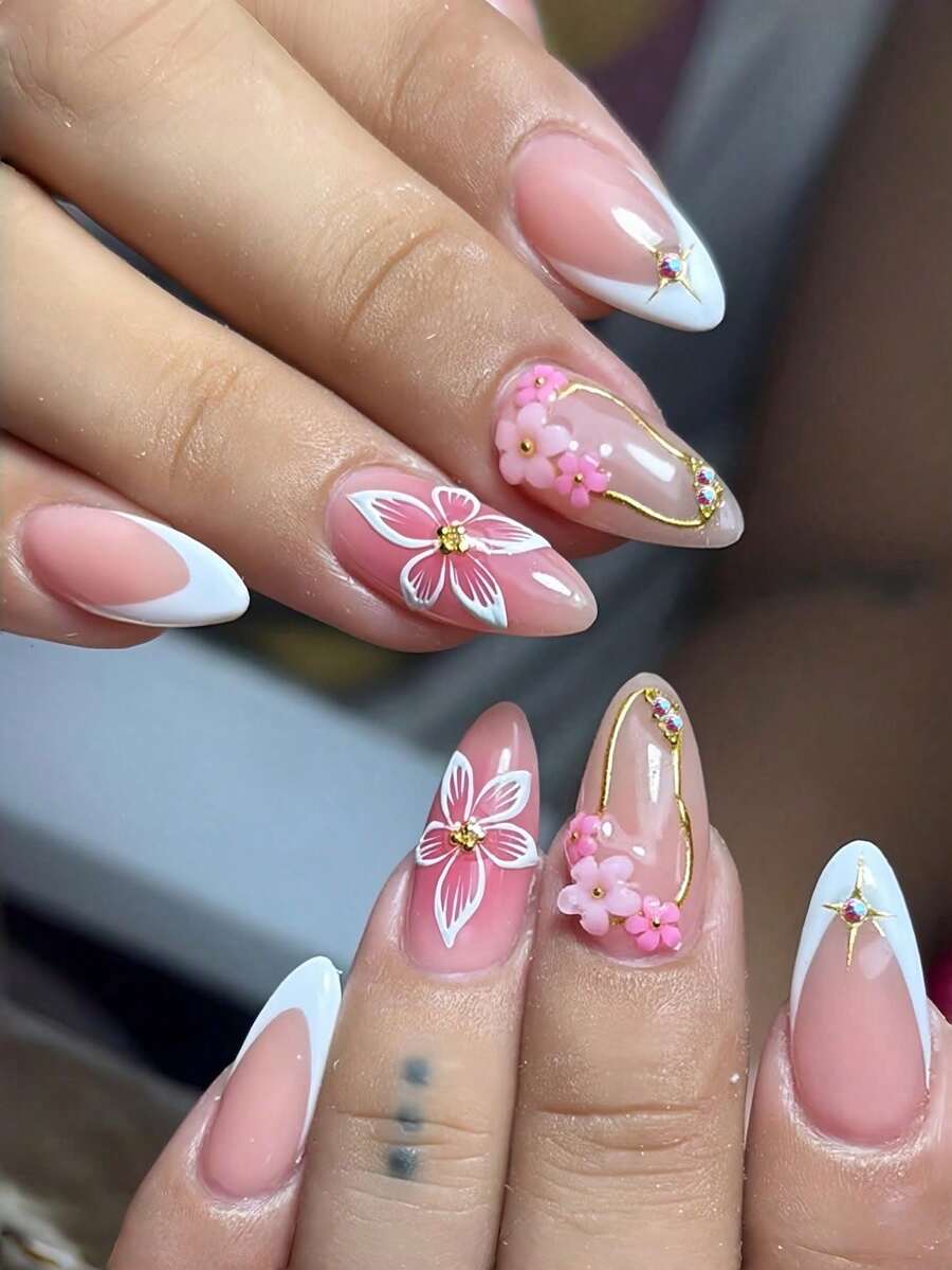 24pcs Short Flat Almond Shaped False Nails, 3D Handmade Minimalist White Flower Pattern, Wearable, Full Coverage Removable, Suitable For Women's Party, Dance And Daily Use - Pink - View 1