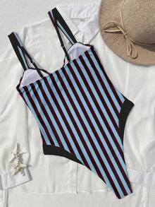 Women's Color Block V-Neck One-Piece Swimsuit. Classic Color Scheme, Minimalist And Elegant, An Ideal Choice For A Fashionable Vacation Look. - Multicolor - View 4
