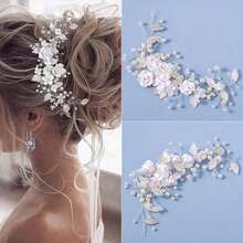 Exquisite Handmade White Soft Ceramic Flower Silver Metal Leaf Bridal Wedding Headpiece Hair Accessories Valentine's Day Accessories - White - View 10