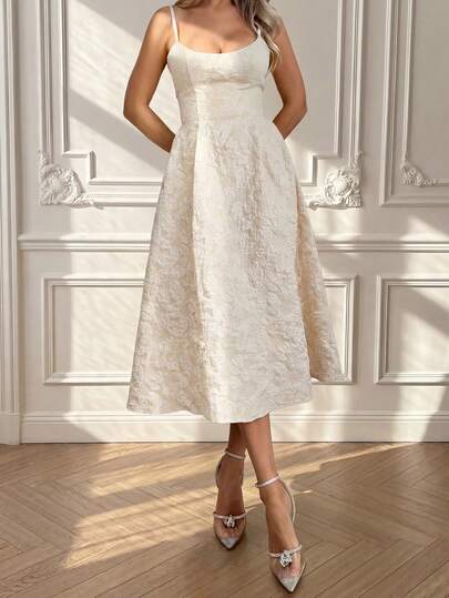 Floreya 夏季婚礼优雅纯色法式高端优雅轻盈正式礼服，收腰修身吊带中长连衣裙，卡其色派对