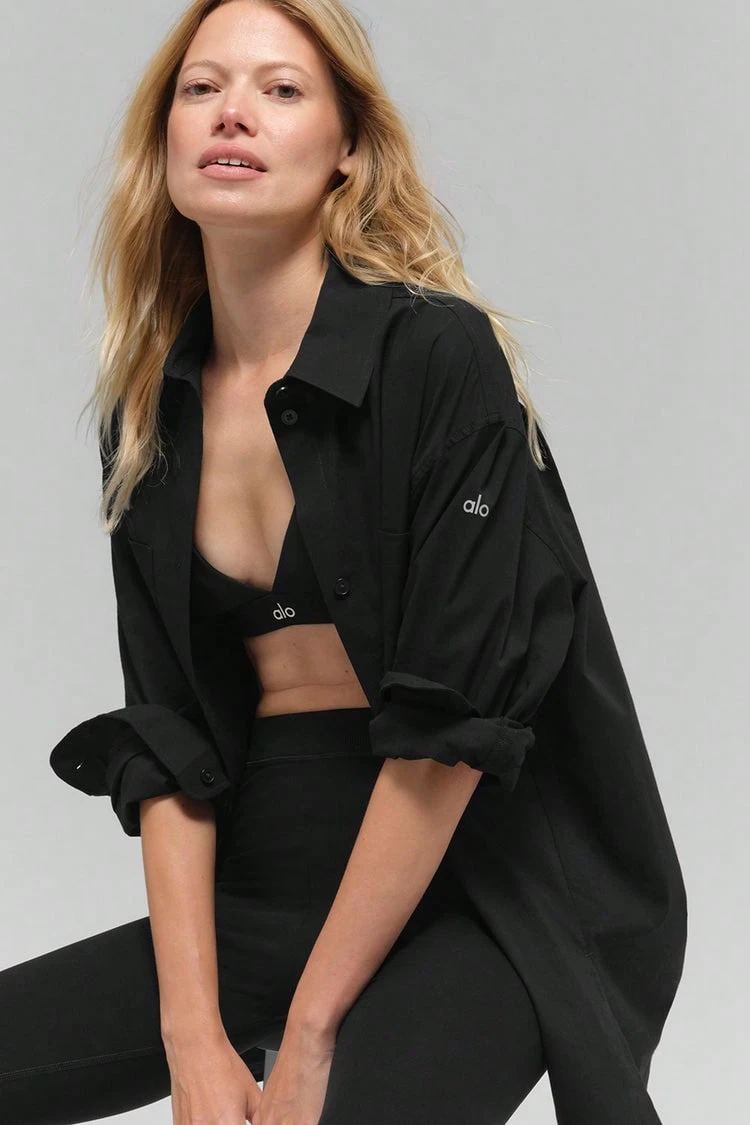 Alo Cotton Real  Button Up Long Sleeve Designed For A Loose Women's Black W3970r - 黑色 - 查看 1