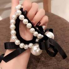 2pcs Faux Pearl Bow Hair Scrunchies Ponytail Holders Hair Elastics Hair Rubber Bands Hair Rope Elastic Hair Tie,Summer,Holiday,Travel - Black and White - View 5