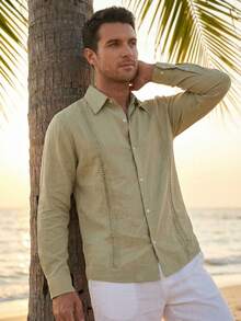 男士亚麻休闲宽松版型长袖衬衫，适合度假和通勤穿着，四季皆宜 - 卡其色 - 查看 1