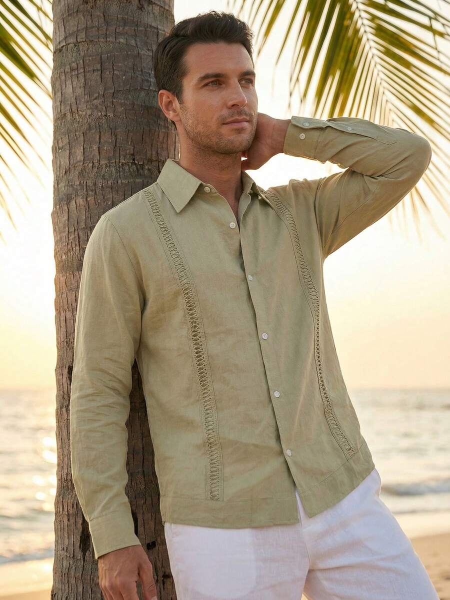 男士亚麻休闲宽松版型长袖衬衫，适合度假和通勤穿着，四季皆宜 - 卡其色 - 查看 1