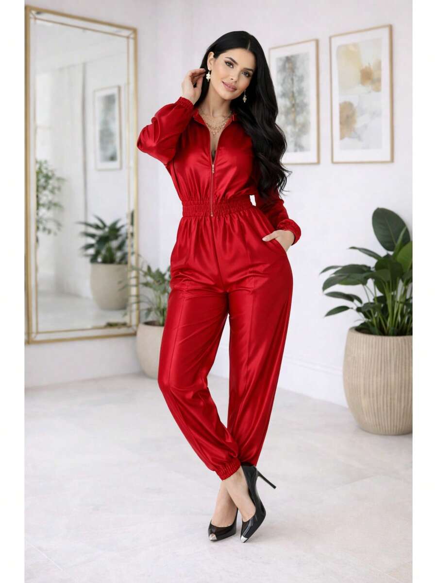 Women's Set: Long-Sleeved Blouse With Shoulder Pads And Jogger Pants In Thick Satin Crepe With Elastane, Fitted Cuffs, Stylish, Modern And Sophisticated - 紅色 - 查看 1