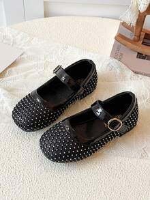 Girls' White Grid Rhinestone Mary Jane Flats, Adjustable Buckle Soft Sole Princess Party Shoes - Black - View 3