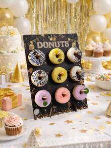 1 Stück schwarzer goldener Holz-Donut Präsentationsständer, Größe 35*26cm, hält 9-16 Donuts, geeignet für Geburtstagsdekoration, Hochzeitsfeier, Donut-Präsentation, Party-Tischdekoration, Tisch-Mittelstück, Baby-Shower, Jubiläums-/Feiertagsparty, Geburtstagsnachtisch-Präsentation, Wohndekoration. Diese rechteckige Ablage kann als dekorativer Ständer zum Präsentieren von Donuts verwendet werden und verleiht Ihrem Esstisch einen charmanten Akzent, DIY Dessert-Dekorationselement - schwarzes Gold - Übersicht 6