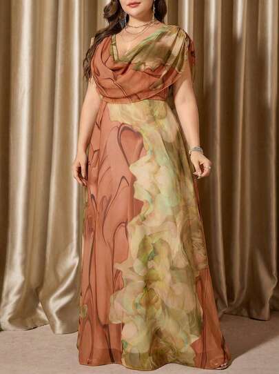 Voworia 大码V领水彩印花优雅雪纺飘逸派对连衣裙、礼服、正式晚宴礼服、婚礼宾客春季礼服