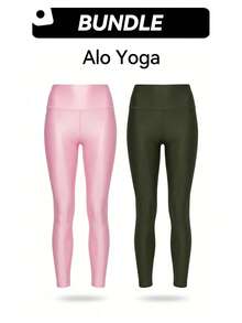 Alo Leggings & Legging Set Breathable Good Elasticity Quick Dry Sweat Absorption Easy To Wash Warmth Daily Yoga Versatile Women Pink & Olive Green W5766r-Pink+W5766r-OLIVE GREEN - Pink-Green - View 1