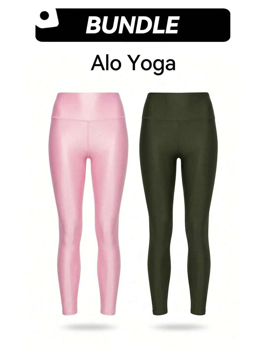 Alo Leggings & Legging Set Breathable Good Elasticity Quick Dry Sweat Absorption Easy To Wash Warmth Daily Yoga Versatile Women Pink & Olive Green W5766r-Pink+W5766r-OLIVE GREEN - Pink-Green - View 1