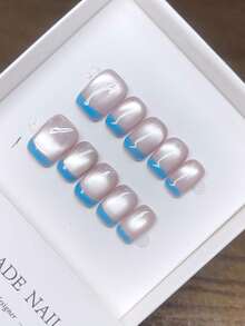 Handmade Pressed Nail Art, Short Square Shape, Hand-Painted Cat Eye Design, Elegant Minimalist Style, Full Coverage Fake Nails, Y2K Aesthetic, Unique Creative Artificial Nails, Suitable For Daily Wear, Cute & Fashionable, Ideal For Summer & Spring, Removable & Reusable, Suitable For Women's Parties And Evening Events - Multicolor - View 2