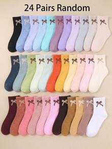 24/12/6 Pairs Random Macaron Color Girls Mid-Calf Socks With Colorful Bow Decor, Candy Color Breathable Daily Long Socks, Random Mixed Patterns, Suitable For 1-14 Years Old Girls Daily Life And School Wear, Skin-Friendly Comfortable Multifunctional Children Socks - Multicolor - View 12
