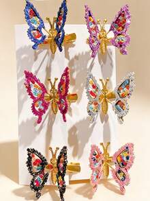 6 Exquisite Butterfly Hair Clips With A High-End Feel, Featuring Moving Designs And Ethereal 3D Rhinestone Details (The Color Of The Beads Is Random). - 彩色 - 查看 5