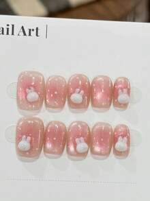 10pcs Pink 3D Cute Rabbit & Cat Eye Adhesive False Nails, Gentle Pink Tone Nail Decor Suitable For Daily, Holiday, Commute, Travel For Women & Girls - Baby Pink - View 1