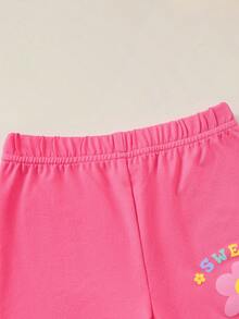 2 Stücke/Set Baby Mädchen Lässig Fuchsia Kurzarm Rundhals Bedrucktes T-Shirt + Elastischer Taille Floral Bedruckte Shorts - Pink - Übersicht 6
