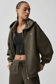 Alo Yoga Alo Accolade Full Zip Hoodie Unisex Style Designed For A Boxy Olive Tree U3041rg - Khaki - View 3